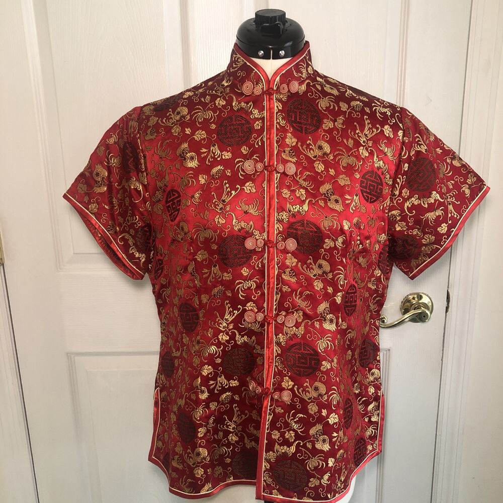 Vtg Blouse Tangzhuang Cheongsam Qipao top sz M Silk Red Gold coquette